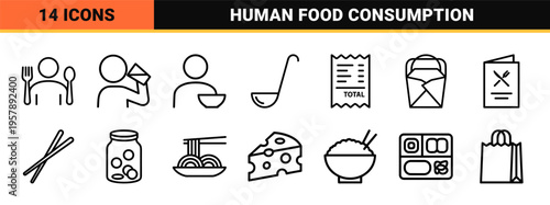 Dining and Nutrition Human Figure Outline Symbols for Wayfinding Signage and App Interface Design Featuring Minimalist Monoline Geometry