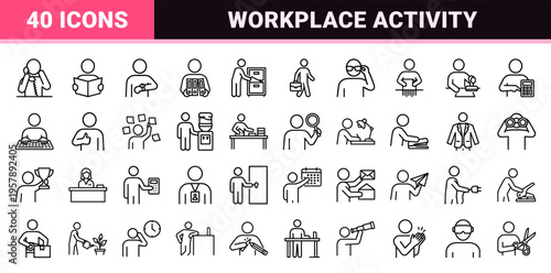 Corporate Employee Productivity and Workspace Workflow Minimalist Monoline Outline Line Art Symbols for Modern Business Management