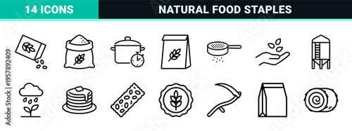 Cereal Grains and Agricultural Staples Line Art, Minimalist Monoline Geometric Outlines for Healthy Breakfast and Farming Concepts.