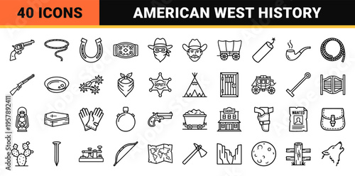 Wild West Frontier Lifestyle Monoline Outline Symbols. Minimalist Geometric Line Art for American Heritage and Cowboy Culture Projects.