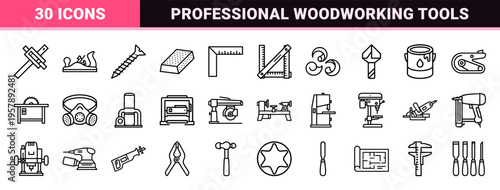 Professional Carpentry and Woodworking Equipment Monoline Outline Symbols for Industrial Workshop Design and Manual Craftsmanship Projects
