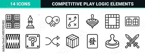 Board Games and Strategy Strategy Line Art: Minimalist Monoline Geometric Outline Symbols for Tabletop Gaming and Competitive Logic.