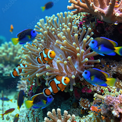 Retrofuturism Sea Healthy. Vibrant Underwater Coral Reef Teeming With Sea Anemones And Fish
