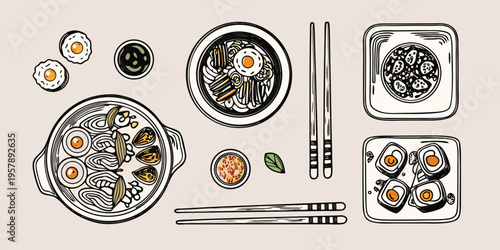 An overhead view of various ramen dishes and accompanying condiments