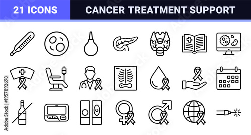 Oncology and Cancer Awareness Monoline Icons: Minimalist Geometric Line Art for Medical Research, Patient Care, and Diagnostic Health.