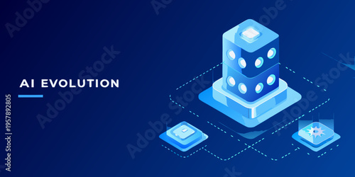 Isometric illustration depicting the evolution of artificial intelligence technology