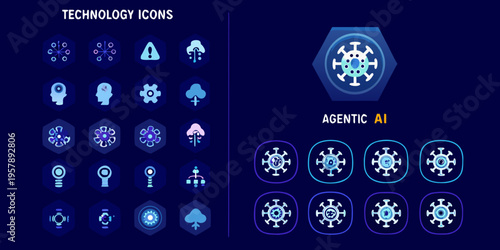 Collection of futuristic technology icons in shades of blue and teal