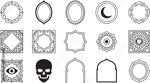 Collection of various ornate frames and decorative elements including skull and religious symbols