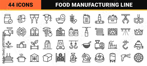 Industrial Food Processing and Manufacturing Line Minimalist Monoline Geometric Icon Set for Automation and Quality Control Systems.