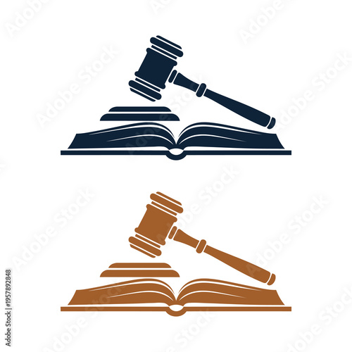 Gavel resting on open book in two tone colors  law and justice symbol icon