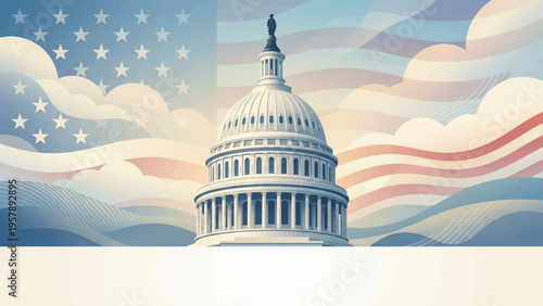Vector illustration of the US Capitol building with American flag background