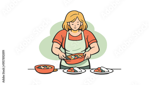 A woman in an apron preparing a healthy meal with vegetables