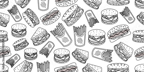 Seamless pattern with burger, sandwich, baguette, hot dog and french fries doodle. Fast foods doodle seamless pattern. Seamless fast food outlines pattern background. Vector illustration.