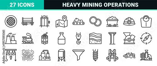 Industrial Mining and Heavy Resource Extraction Icons Featuring Minimalist Geometric Monoline Outlines for Professional Technical Documentation