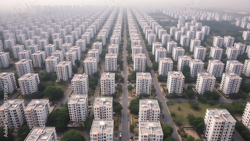 particularity. Aerial view of identical residential buildings stretching to the horizon under hazy skies. real-estate listings.