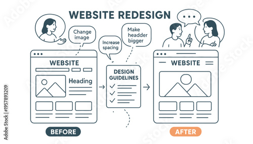 Website redesign process from before to after illustration