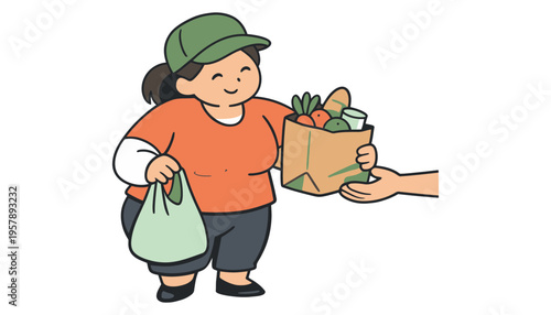 A woman receiving groceries from an unseen person in a colorful illustration