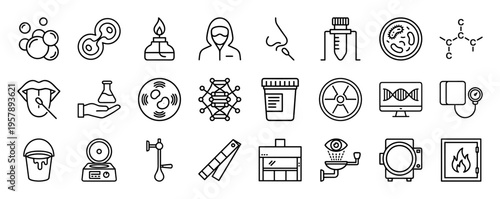 Scientific Laboratory and Clinical Research Monoline Outline Icons featuring Chemistry Glassware Biotech Equipment and Medical Testing Symbols.