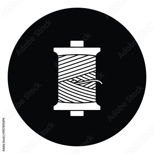 Spool of thread on a circular black background for sewing and crafting supplies icon