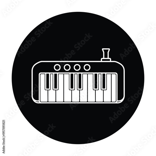 Synthesizer keyboard instrument icon in white on circle background icon
