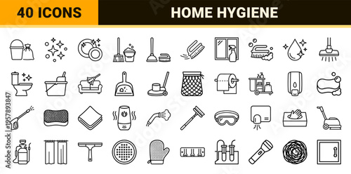Residential and Commercial Cleaning Service Icons. Minimalist Monoline Geometric Line Art for Janitorial, Sanitation, and Home Hygiene.