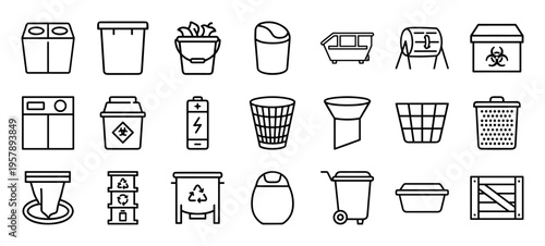 Waste Management and Sanitation Icon Set featuring Minimalist Monoline Geometric Line Art for Industrial and Residential Utility Apps