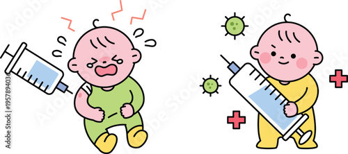Vaccination experience depicted through contrasting baby reactions to shots