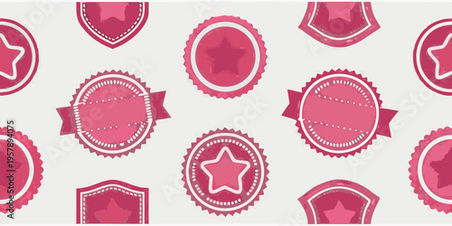 Repetitive pattern of pink award ribbons, badges, and star shapes on a light textured background, copy space