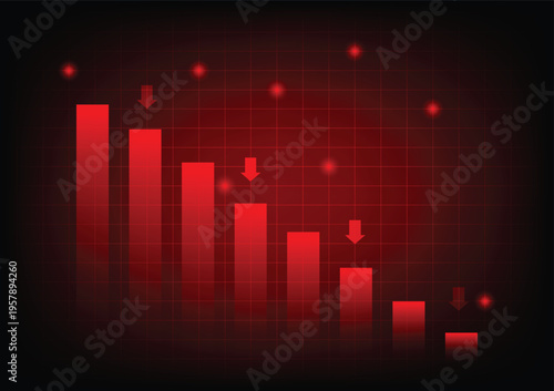 Economic critical crisis concept. The bar graph with a dropdown arrow on a red background. Recession, financial, cryptocurrency, gold, and the stock market. Losing money and cash. Bearish.