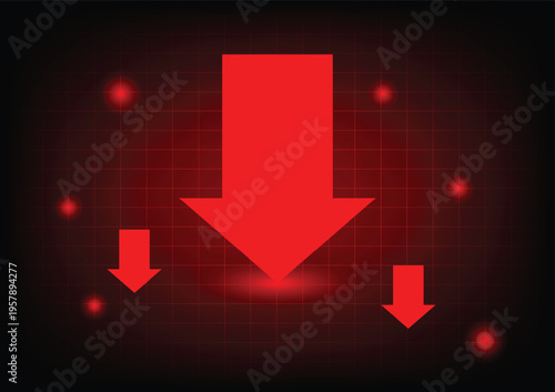 Economic critical crisis concept. The dropdown arrow on a red background. Recession, financial, cryptocurrency, gold, and the stock market. Losing money and cash. Bearish.