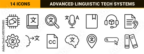 Linguistic Technology and Global Translation Minimalist Monoline Icons. Geometric Line Art for AI Language Processing and Education.