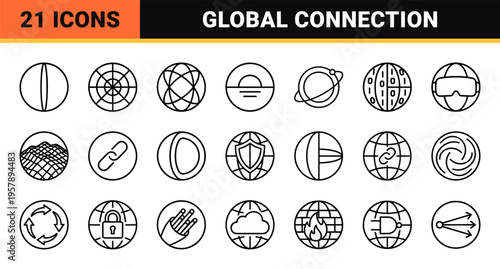 Global Networking Grid Minimalist Monoline Outline Symbols for Digital Connectivity and Technical Interface Design