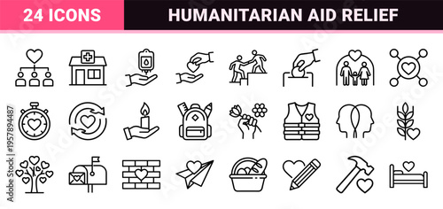 Charity and Volunteering Minimalist Monoline Icons for Community Support, Humanitarian Aid, and Social Welfare Geometric Line Art.