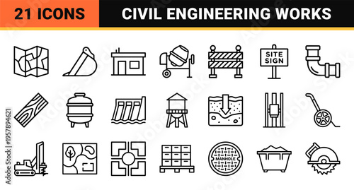 Construction Planning and Civil Engineering Monoline Grid: Minimalist geometric line art for architectural design and site management.