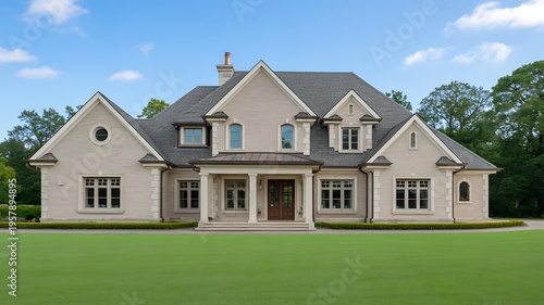 Large beige house with gray roof and green lawn