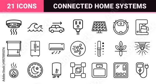 Smart Home Automation and IOT Device Outline Icons Featuring Minimalist Monoline Geometric Line Art for High-End Digital Interface Design