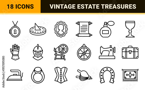 Antique Collectibles and Vintage Artifacts Minimalist Geometric Line Art Outline Symbols for Historical Curation and Estate Inventory