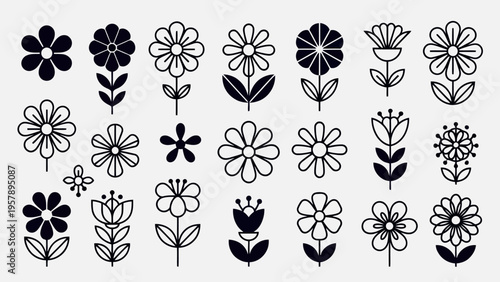 Set of 20 black floral icons vector