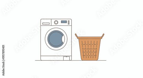 Washing machine and laundry basket line art illustration