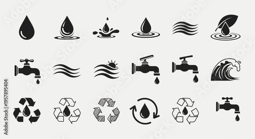 Water drops, taps, waves and recycle symbols icon set