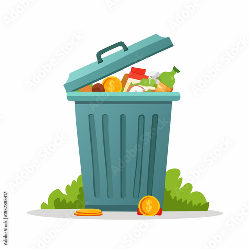 Waste bin overflowing with garbage and lost money