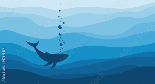 Whale silhouette swimming underwater with rising bubbles in blue ocean