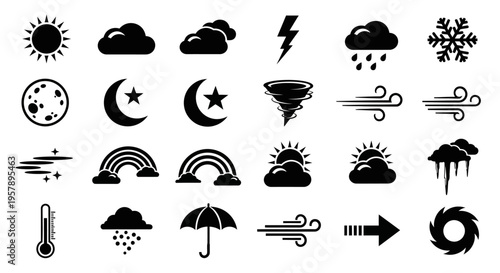 Weather forecast and climate condition black silhouette icons set