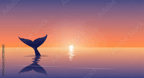 Whale tail silhouette in ocean at sunset with reflection