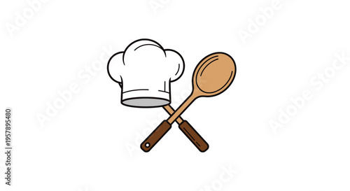 White chef hat and crossed wooden spoons cooking symbol