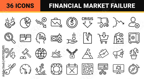 Economic Crisis and Financial Failure Minimalist Monoline Icon Set featuring Geometric Line Art for Business Recession and Market Loss