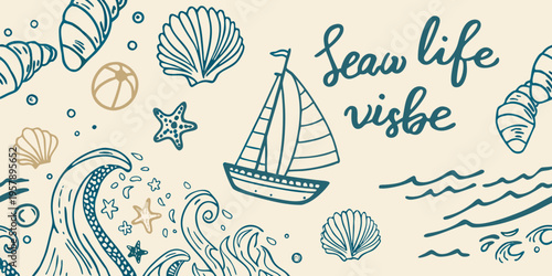 Hand drawn illustration of seashells a sailboat and ocean life elements