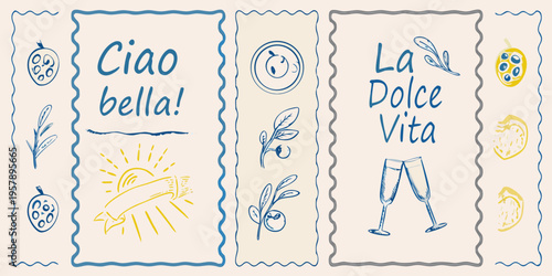 Italian phrases and citrus fruit illustrations in a sketched style
