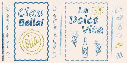 Italian phrases and illustrations in a hand drawn vintage style