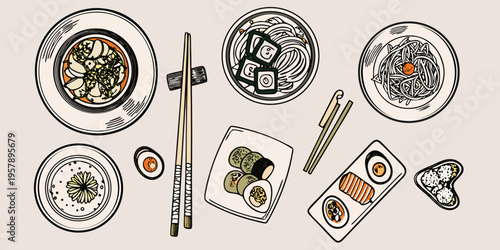 Overhead view of various japanese dishes including sushi and noodles